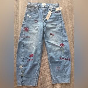 DRIFTWOOD Parker Love Notes Barrel Blue Jeans with Colorful Embroidery NWT